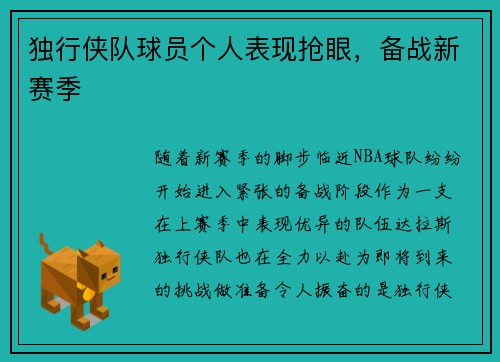 独行侠队球员个人表现抢眼，备战新赛季