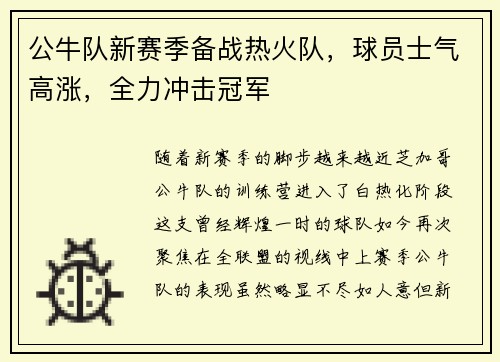 公牛队新赛季备战热火队，球员士气高涨，全力冲击冠军